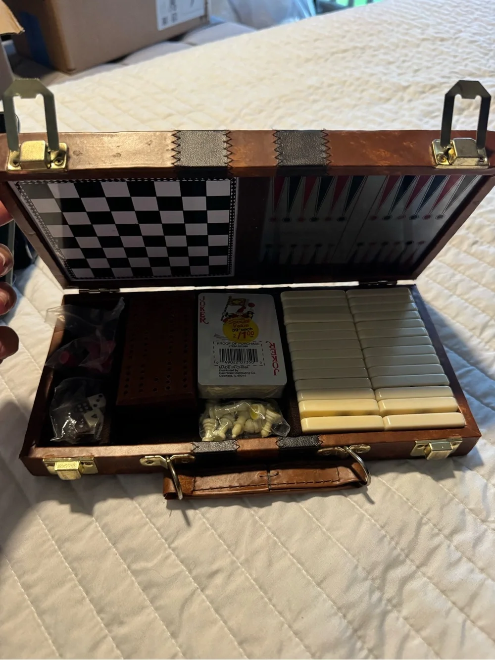 vintage interpur multi game set faux leather case chess backgammon dominoes